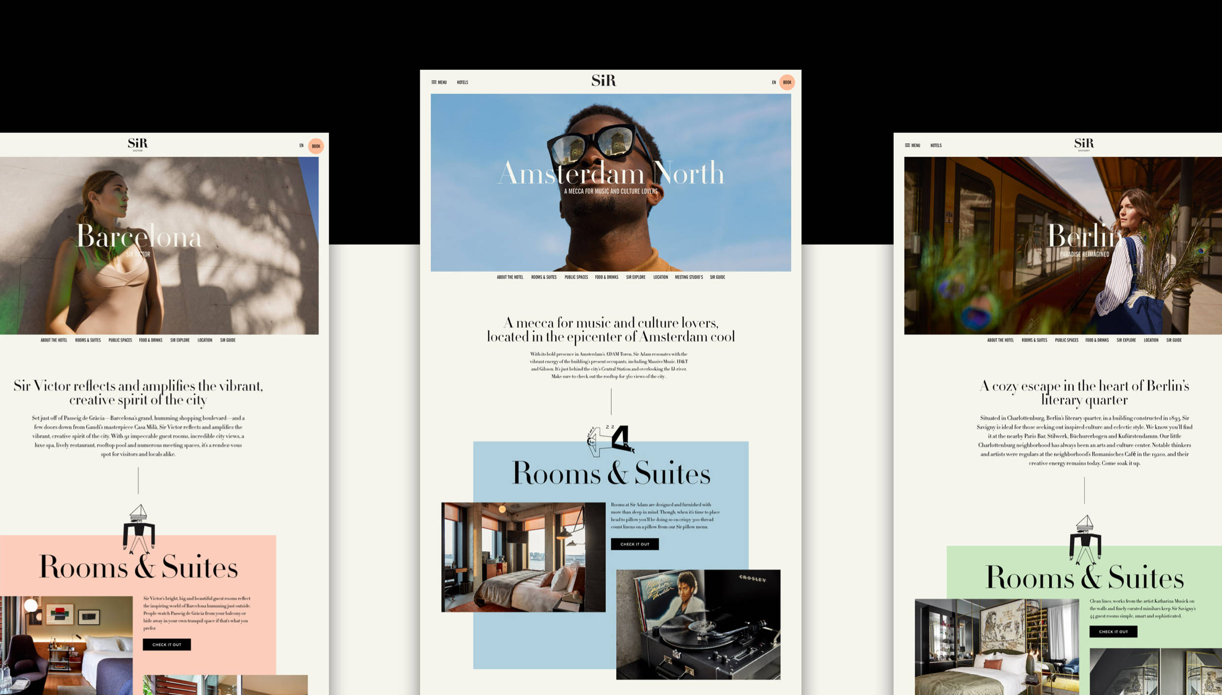 Sir Hotels - diverse screenshots Amsterdam, Barcelona, Berlin. Design Fabrique.