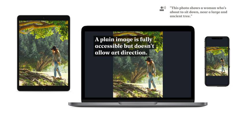 Example of screenreader accessible image of a women next to a tree, shown on 3 different devices