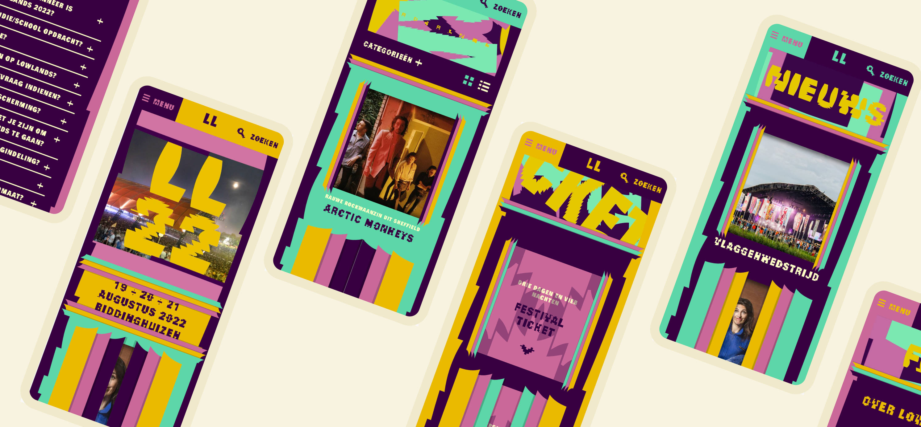 Ontwerp voorbeelden mobiele site Lowlands 2022