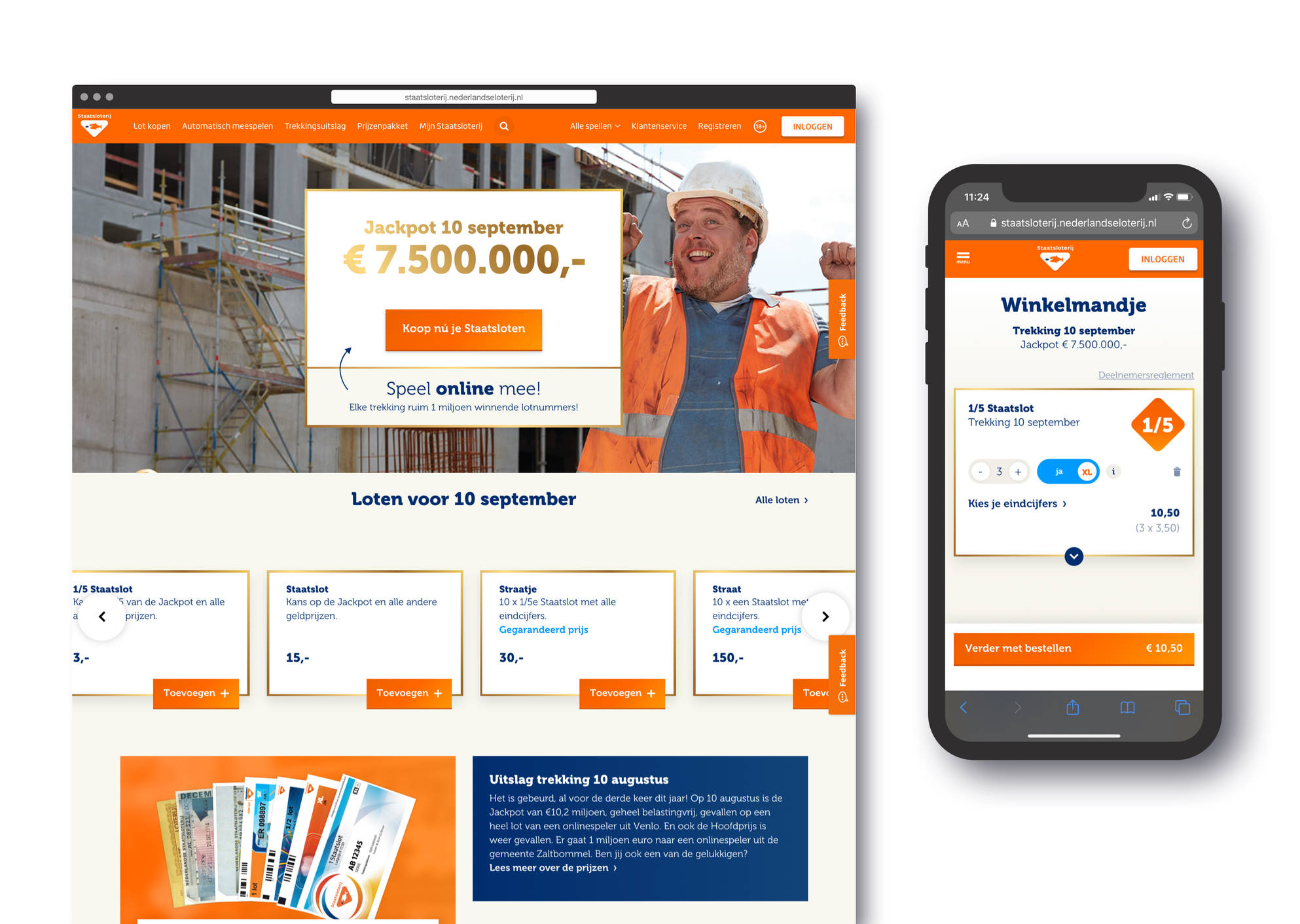 Staatsloterij schermen mobiel en desktop